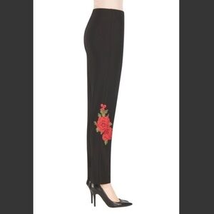 Joseph Ribkoff Slim Fit Black Slacks with Red Rose Appliqués on Legs, NWT, 14